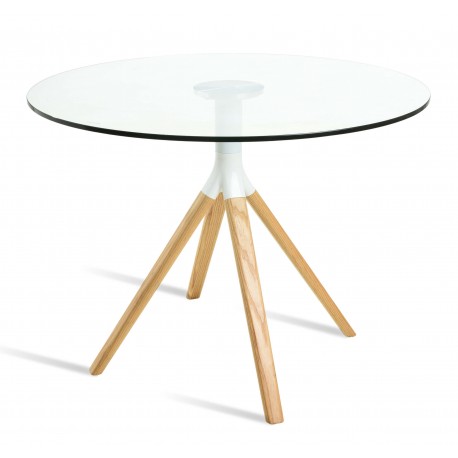 Table design Braun en verre trempé et bois de hêtre